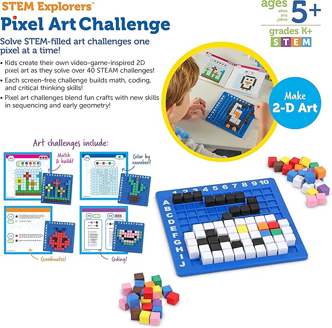 Learning Resources STEM Explorers Pixel Art Challenge - Math Puzzles, Pattern Blocks, Sensory Bin, Arts and Crafts, Math Manipulatives, Building Toys, Montessori