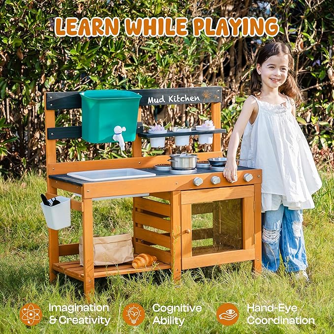 ROBOTIME Mud Kitchen for Kids Outdoor - Wooden Outdoor Play Kitchen Set with Real Water Play, Cooking Pots & Gardening Tools - Sensory Toy Kitchen for Pretend Play Ages 3+