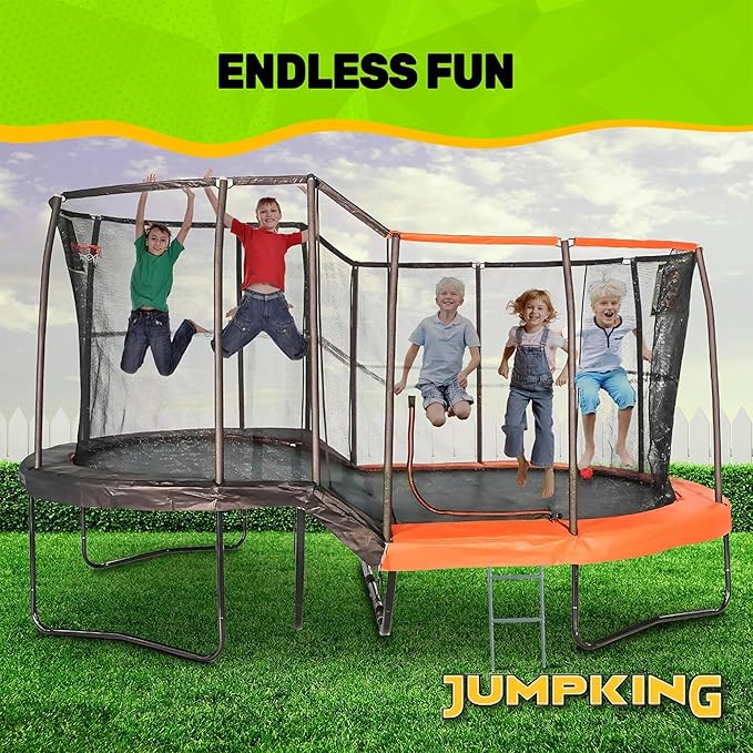 JumpKing Multi-Level Oval Trampoline with Ladder, Heavy Duty, Indoor/Outdoor with Safety Enclosure, Basketball Hoops and Toss Game Included, Durable Jumping Surface for Kids and Adults, 10ft x 17ft