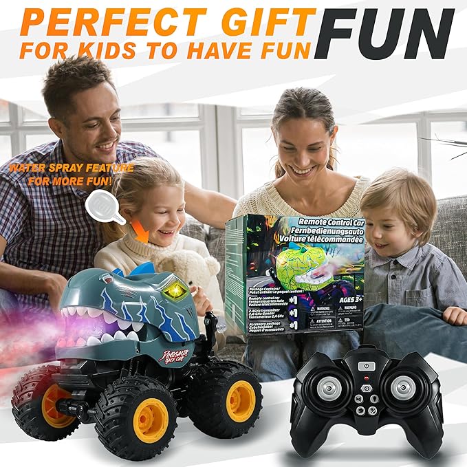 BEZGAR Monster Truck Toys - Remote Control Monster Truck with Spray, Light, Music, Dinosaur Toys for Kids, 1:20 Scale RC Truck with 360° Spins and Drifting, Remote Control Car for Boys 4-7 Gray