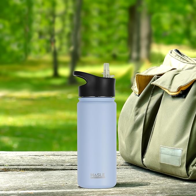 HASLE OUTFITTERS Insulated Water Bottle 16 oz Double Wall Vacuum Stainless Steel Water Bottle Leak Proof for School Wide Mouth with Straw Lid & Spout Lid Keeps Cold and Hot(Light Blue,8pack)