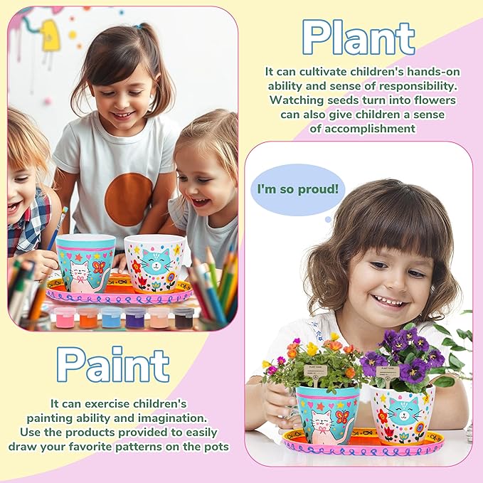 Paint & Plant Flower Gardening Kit with 4 Pots - Kids Gardening Set Ages 8-12, Spring Arts & Crafts Activities Kits, Educational Birthday/Easter Gifts for Boys & Girls Ages 5 6 7 9 10 11