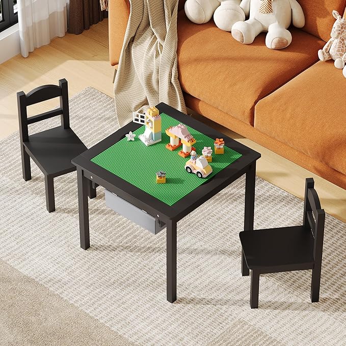 Treocho Wooden Kids Table and Chair Set with Reversible Tabletop, 2 in 1 Toddler Desk with Storage Drawers, Kids Activity Table with Blocks Building Baseplate for Playing, Reading, Drawing, Black