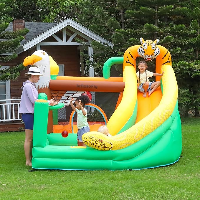 Bounce House with Slide for Kids, Inflatable Bouncy Castle with Blower, Basketball Hoop and Toss Game for Parties