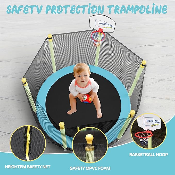 60" Trampoline for Kids, Indoor & Outdoor Trampoline with Net, Basketball Hoop Birthday Gifts for Boys & Girls, Baby Toddler Christmas Toys/Green