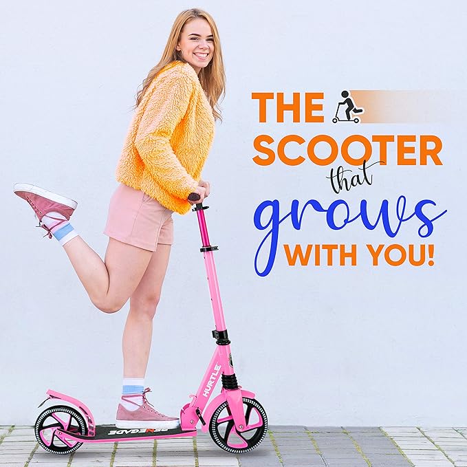 Hurtle Renegade Kick Scooter for Kids, Teenagers & Adults - 2-Wheel Folding Scooter with Adjustable T-Bar Handlebar - Alloy Anti-Slip Deck