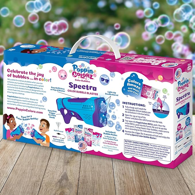 PoppinColorz Spectra Rechargeable Color Bubbles Blaster with 1 Pink, 1 Blue and 4 Clear Bubble Solutions Made in The USA, Double-Barrel Light-Up - No Dipping Necessary - Easy Click Trigger