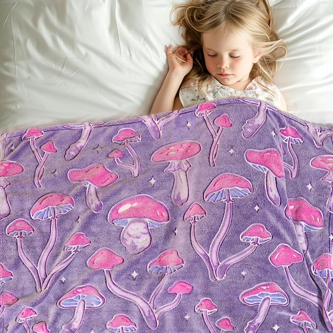 Mushroom Throw Blanket for Women - Purple Mushroom Themed Gifts for Girls, Nature Lovers - Glow in The Dark Cottagecore Bedding, Soft Fleece Plush Room Decor for Couch Bed Travel 50" x 60"