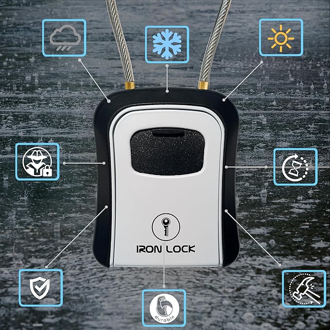 Iron Lock® Portable Key Lock Box and Wall Mounted with Removable Cable Shackle Outdoor Waterproof 4 Digit Combination with Resettable Code with A B Switch Key Lockbox for Outside (Medium, Grey)