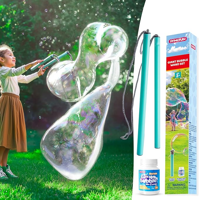 SYNCFUN Giant Bubble Wand Kit (3-Piece Set) with Concentrate Solution-Up to 3.5 Gallons, Big Bubble Wand Set with Mix Powder, Outdoor Toy for Kids, Boys, Girl, Party, Summer