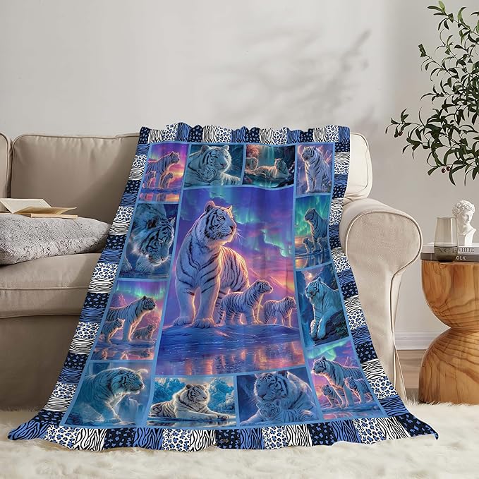 White Tiger Throw Blanket White Tiger Stuff Gifts for Kids Girls Boys Adults Women Men Soft Cozy Warm Plush Fluffy Fuzzy Fleece Blanket Decor 50''X60''