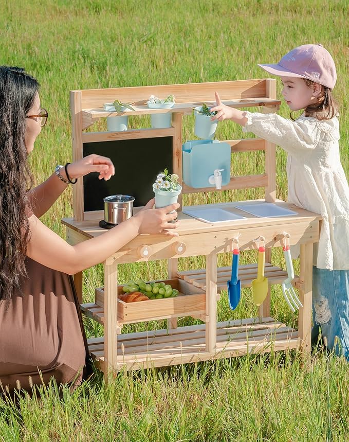 ROBOTIME Mud Kitchen for Kids Outdoor, Wooden Outdoor Play Kitchen with Accessories, Kid Kitchen Playset for Backyard Pretend Cooking or Planting, Toy Kitchen for Imaginative Play Boys Girls Ages 3+