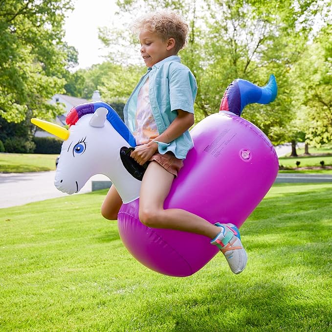 Hearthsong Hop N Go Inflatable Unicorn Riding Bouncy Hopping Toys for Kids Ages 5+ - Ride On Bouncer Animal Hopper Jumping Toys for Outdoor Games (2 Pack)