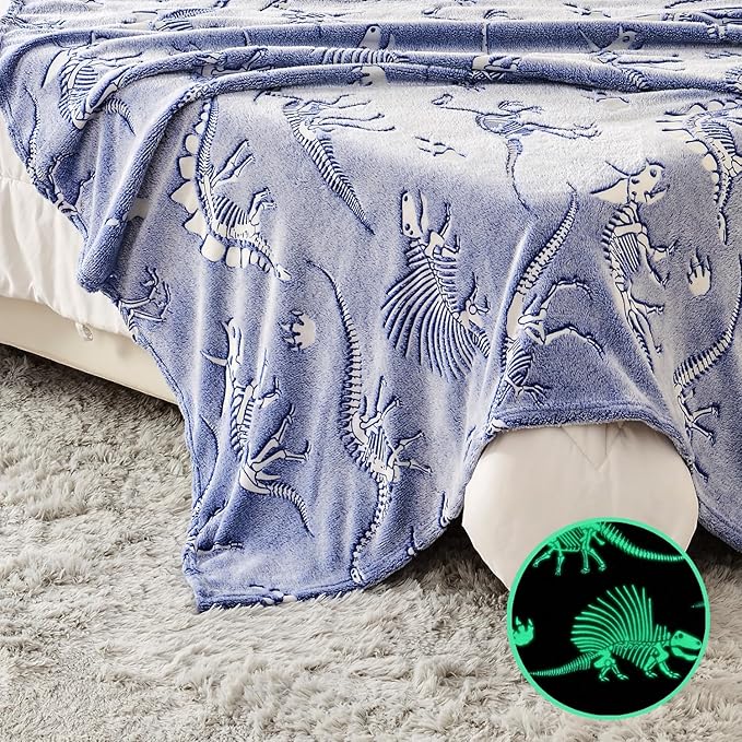 Wajade Dino Gifts Toys for Boys Girls - Glow in The Dark Dinosaur Blanket Birthday Christmas Decor for Kids Age 3 4 5 6 7 8 9 10 11 12 Years Old Teens Child Toddler Throw Blue 50"x60"