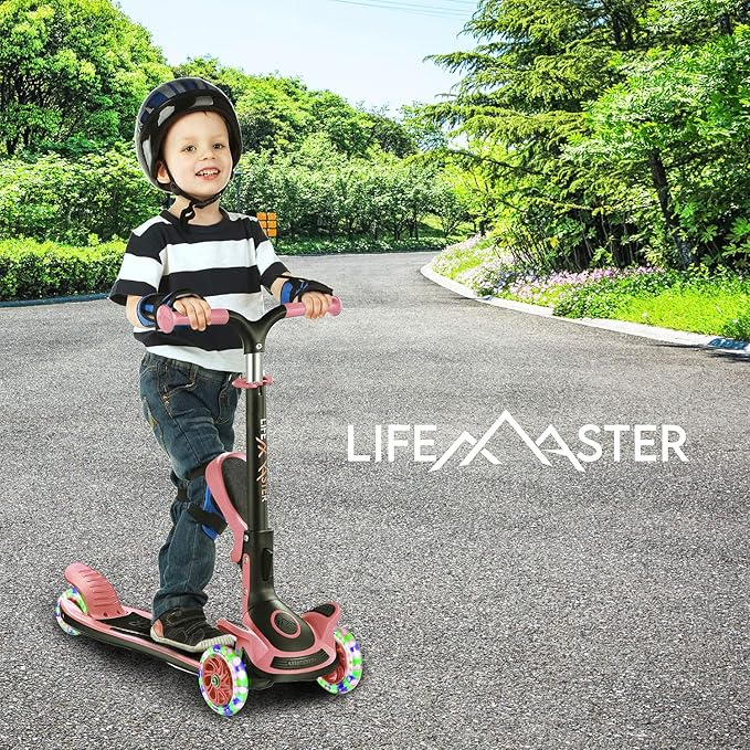 Kids Scooter – Foldable Seat – LED Wheel Lights Illuminate When Rolling – Children and Toddler 3 Wheel Kick Scooter – Adjustable Handlebar – Indoor and Outdoor- by Lifemaster