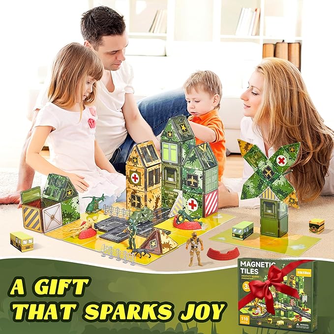 Magnetic Tiles Road Building Toys Set with Magnetic Blocks and Army Toys Accessories, Military Magnetic Blocks for Kids Ages 3-5 4-8, STEM Educational Sensory Magnet Toys Birthday Gifts for Boys Girls