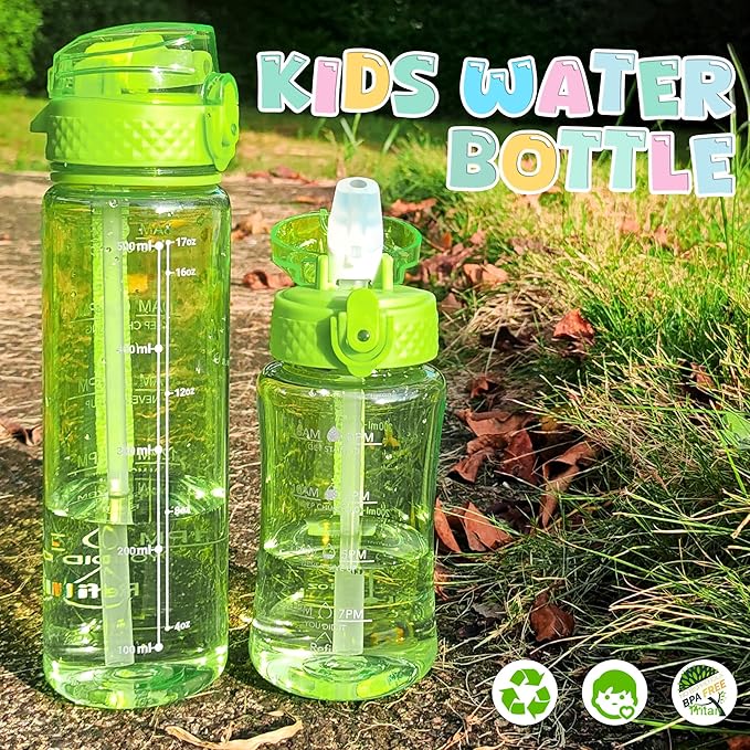 OLDLEY 17oz Kids Motivational Water Bottle, Leak-Proof Tritan BPA-Free, Reusable for School Girls & Boys, Silicone Straw, Parrott Green