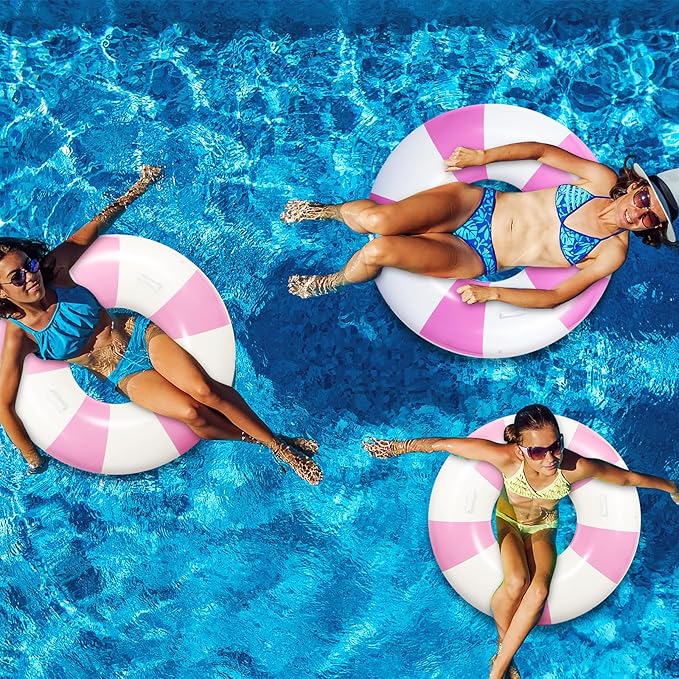 3 Pcs Large Swim Ring with Handles Set 47.24" 39.37" 35.43" Inflatable Pool Inner Tube Classic Striped Pool Ring Floats for Adults Teens Summer Lounger Beach Party Supplies