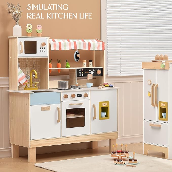 PairPear Wooden Play Kitchen for Kids, Pretend Play Toy Kitchen Set Coffee Maker, Ice Maker & Toy Food Accessories, Toddler Play Kitchen Gift for 3 Yeard and Up