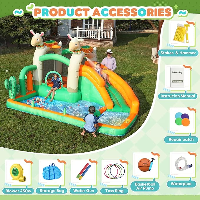 INFLATEBLE Bounce House with Slide for Kids – Llama Theme Water Slide Bouncer with Climbing Wall, Splash Pool & Ball Pit – Wet & Dry Use, Outdoor & Indoor
