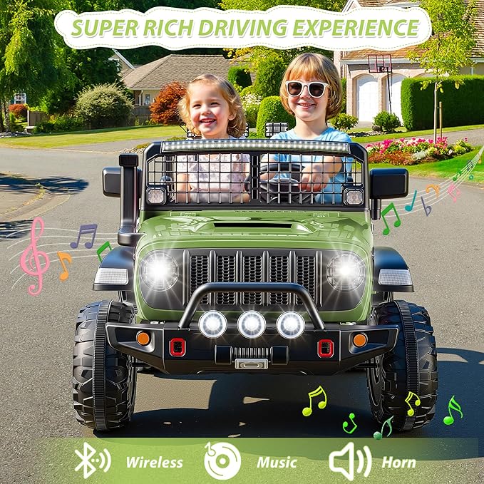 Hikole 24V 2 Seater Electric Ride on Toys Car for Kids 4-8, Remote Control, 2X200W Powered Wheels, 20'' Wide Seats, Sping Suspension, Bluetooth & Music, 110LBS MAX Load, LED Lights, 3 Speeds, Green