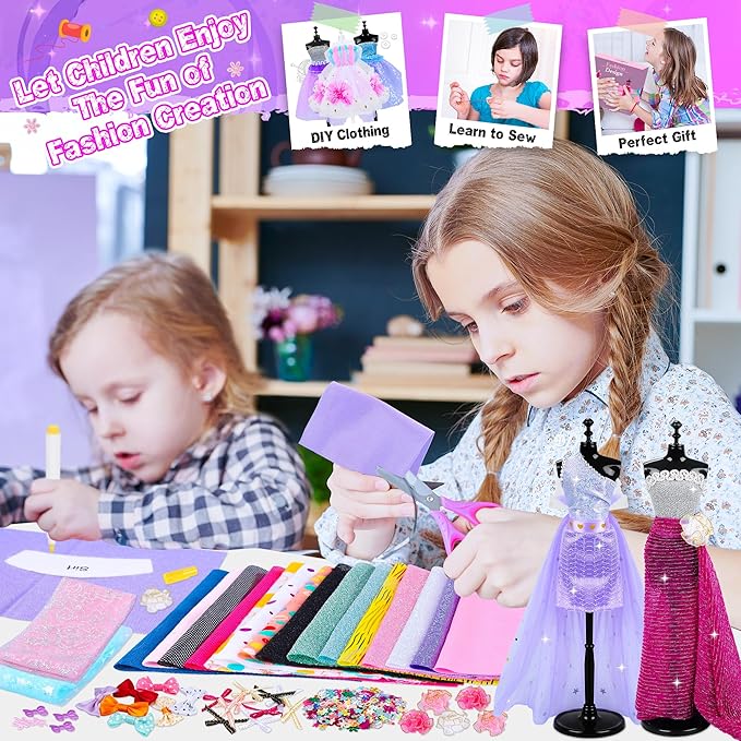 1500+Pcs Fashion Designer Kit for Girls, Sewing Kit with 7 Mannequins, DIY Arts and Crafts Kit for Kids, Doll Clothes Making Kit, Girl Toys for Age 6 7 8 9 10 11 12 Year Old Gifts
