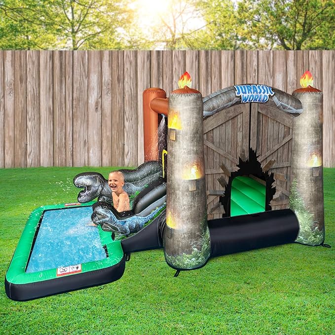 Funormous Jurassic World Dinosaur Bounce House with Slide, Ball Pit & Pool – Indoor/Outdoor Inflatable Castle with GFCI Air Blower for Kids Ages 3–8