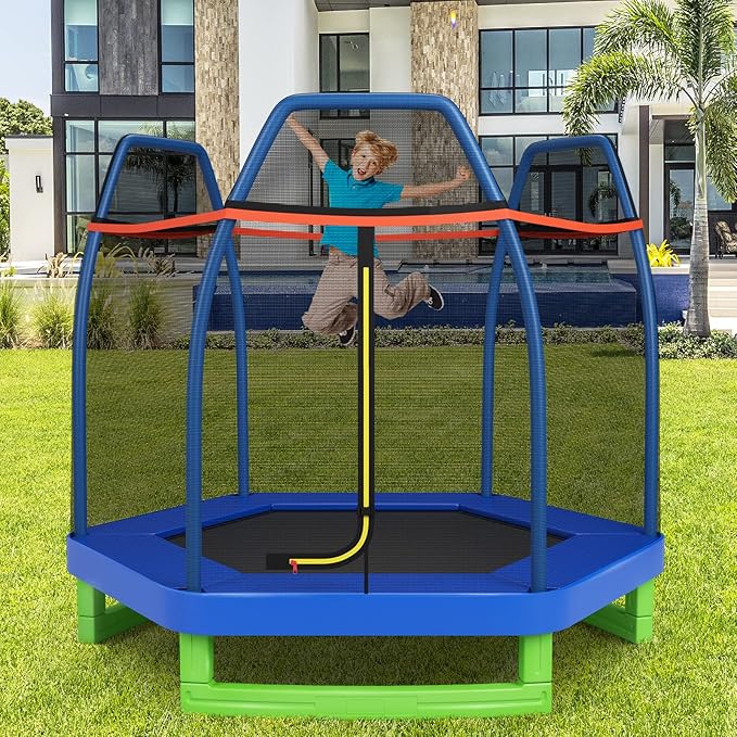 GYMAX Trampoline for Kids, 7FT Toddler Trampoline with Safety Enclosure Net & Seamless Spring Pad, Heavy Duty Small Indoor/Outdoor Trampoline for Boys, Girls Age 3+