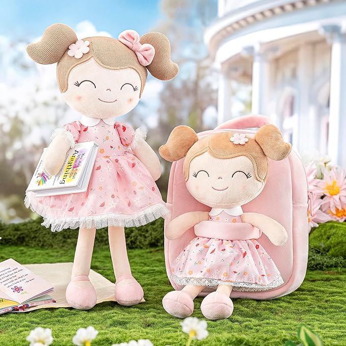 Gloveleya Kids Backpacks Girls Backpack Plush Bags Diaper Bag Backpack with Floral Doll Pink