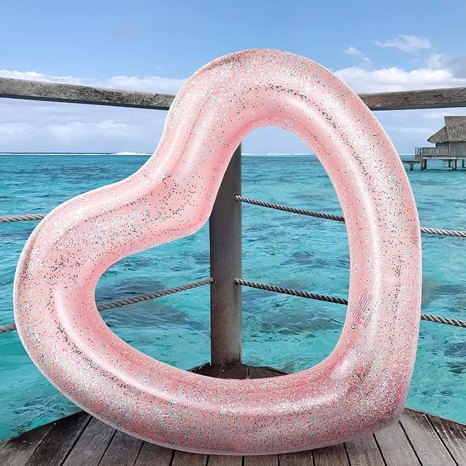 HeySplash Pool Floats, Adult Size Heart Inflatable Pool Floatie for Bachelorette Party, Swim Tube Rings, River Lake Beach Floaty, Wedding Bride Valentine Fun Toy Raft Lounge for Kids,Glitter Rose Gold