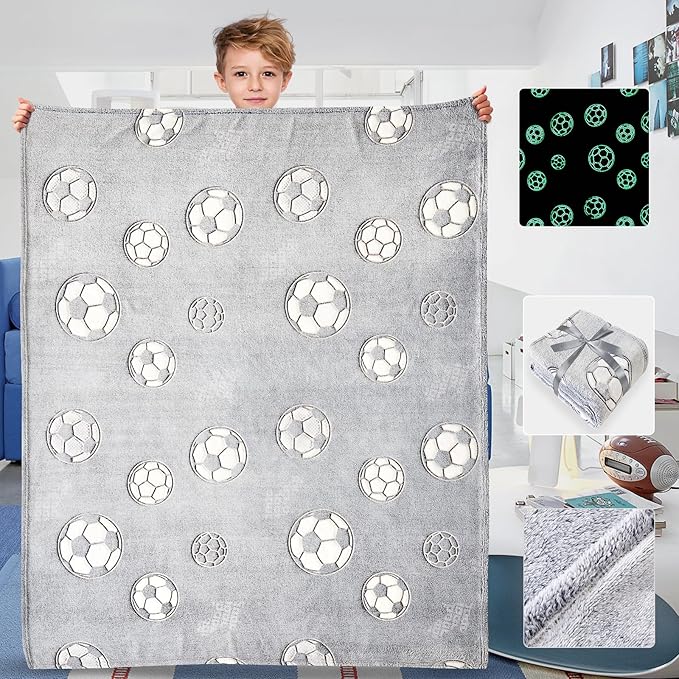 Wajade Soccer Gifts Toys for Boys Girls - Glow in The Dark Soccer Blanket Birthday Christmas Decor for Kids Age 3 4 5 6 7 8 9 10 11 12 Years Old Teens Child Toddler Throw Light Grey 60"x80"