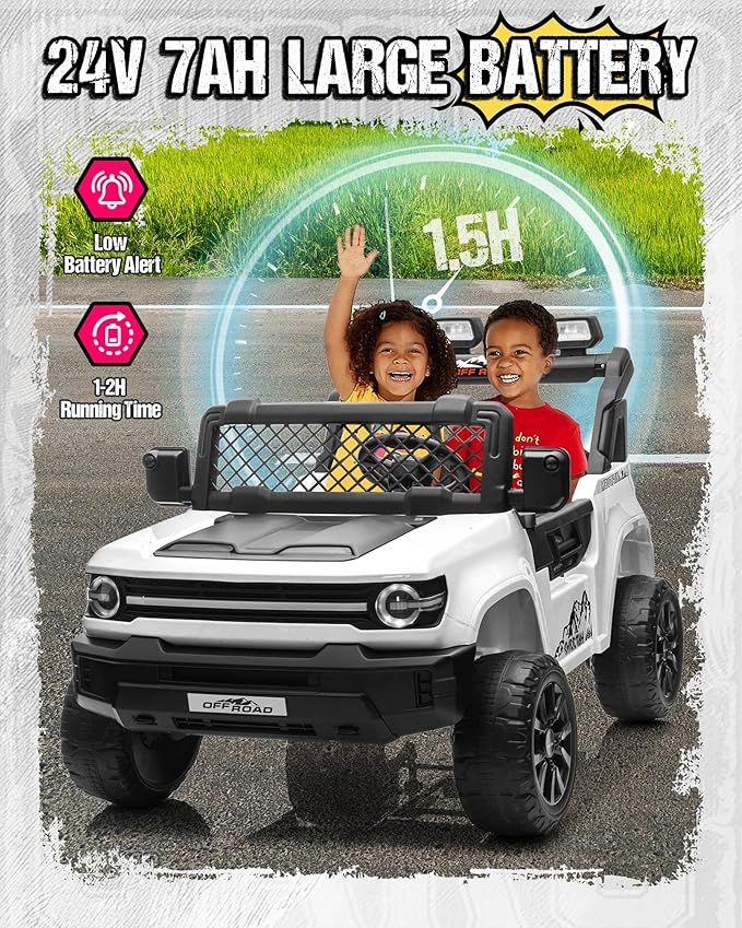 24V Ride on Toys for Big Kids, 2 Seater Electric Car w/22'' Large Seat, Remote Control, Shovel, 4X200W Engines, 4WD/2WD Switchable, Truck Bed Storage, Ride On Truck Toy for Boy Girl, White