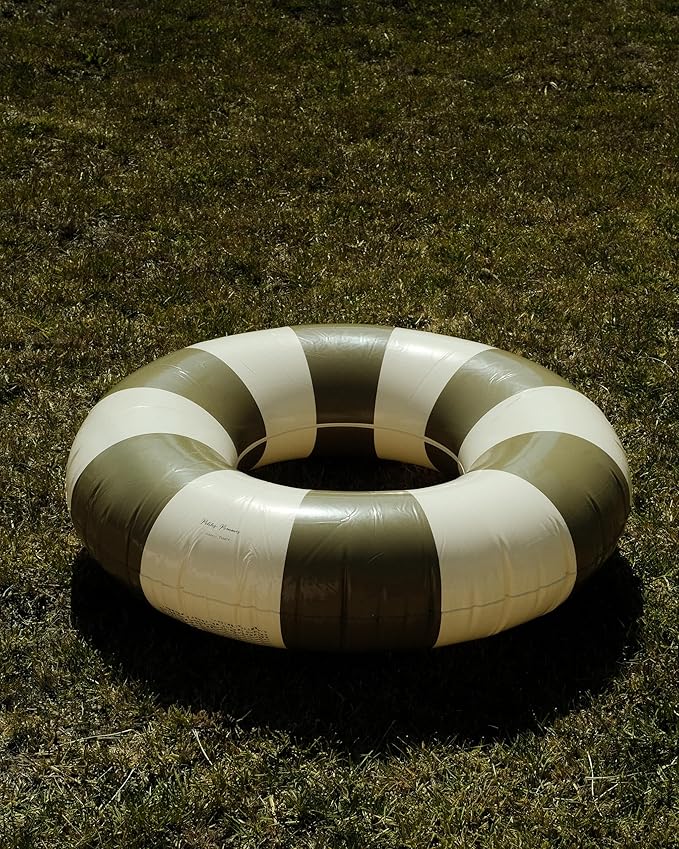 Petites-Pommes Float Ring for Kids - Durable Inner Tube, Handprinted Classic Striped Design Striped Pool Float, Soft Comfort Seaming, Packable Floats for Travel, Military Green, 35 inch