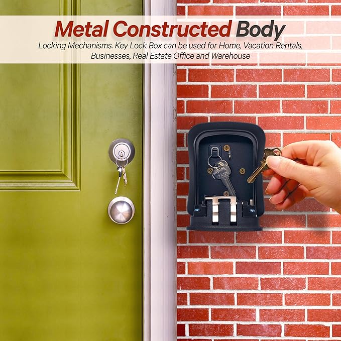 Iron LockĀ® Wall Mount Key Lock Box for Keys 4 Digit Combination with Resettable Code with A B Switch Indoor Outdoor Waterproof House Key lockbox for Spare House Keys 5 Capacity (Medium, Black)