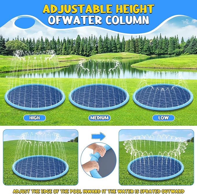 Non-Slip Splash Pad for Kids and Dog, 80" Extra Large Baby Play Mat, Dog Pool Toys, Thicken Sprinkler Pool Summer Outdoor Water Toys for Ages 3-12 Boys Girls, Parent-Kids &Games Fun Backyard (Blue)