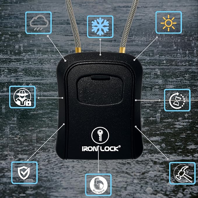 Iron Lock® Portable Key Lock Box and Wall Mount with Removable Cable Shackle Outdoor Waterproof 4 Digit Combination with Resettable Code with A B Switch Key Lockbox for Outside (Medium, Black)
