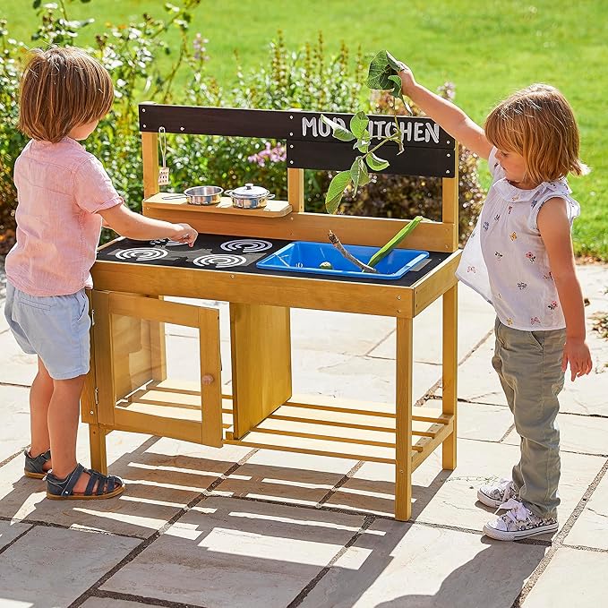 TP Toys, Kids Mud Kitchen | Backyard Kitchen Playset with Pretend Play Kitchen Accessories & Water Pan for Preschool Outdoor Play | for Ages 3-8 | Sustainable Sourcing from FSC Certified Timber.