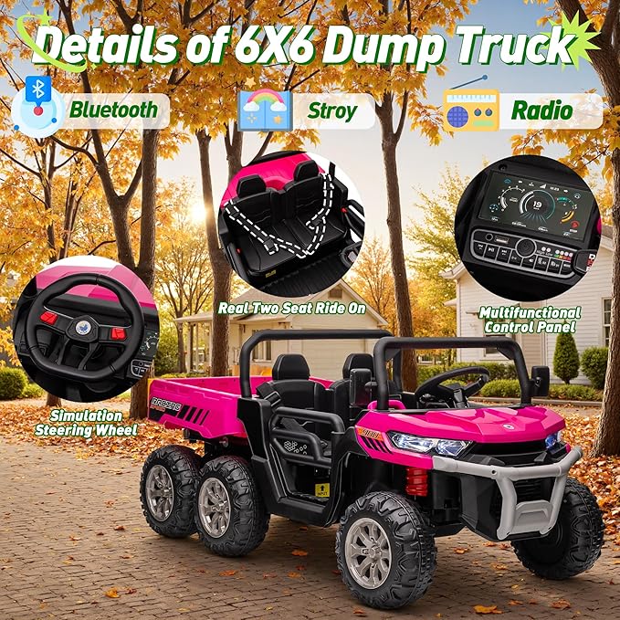 24V XL 2 Seater Ride on Dump Truck, 7AH Battery Powered Golf Cart for Kids w/800W Powerful Motors, Remote Control, Detachable Awning, Dump Bed & Shovel, Electric Kids UTV for Boy Girl, Hot Pink