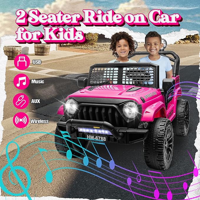 2 Seater Ride on Car for Kids, 24V Electric Power Ride on Truck Toy with Remote Control, 200W Motor, LED Lights, Music, 3 Speed, 4 Wheel Suspension Spring, Soft Start, Safety Belt
