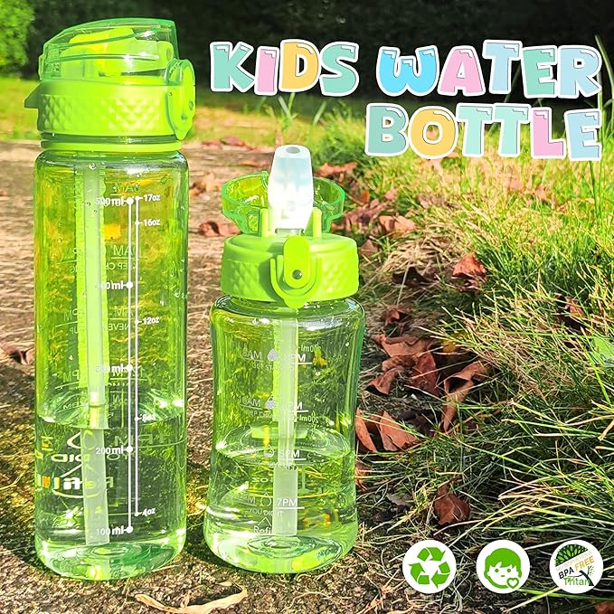 OLDLEY 12oz Kids Water Bottle for school Girls Boys, Motivational Water Bottles With Silicone Straw, Leak-Proof Tritan BPA-Free, Reusable water bottles for kids, Parrott Green