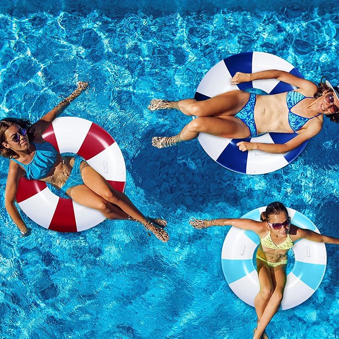 3 Pcs Large Swim Ring with Handles Set 47.24" 39.37" 35.43" Inflatable Pool Inner Tube Classic Striped Pool Ring Floats for Adults Teens Summer Lounger Beach Party Supplies