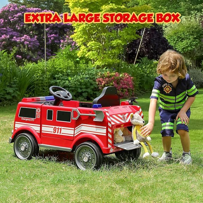 ELEMARA 12V Ride on Fire Truck, Battery Powered Toddler Electric Vehicle w/Parent Remote Control,Ride on Car for Kids,Siren-Call,walkie-talkies, Flashing Lights,Fire Extinguishers, Bluetooth,Music,UBS