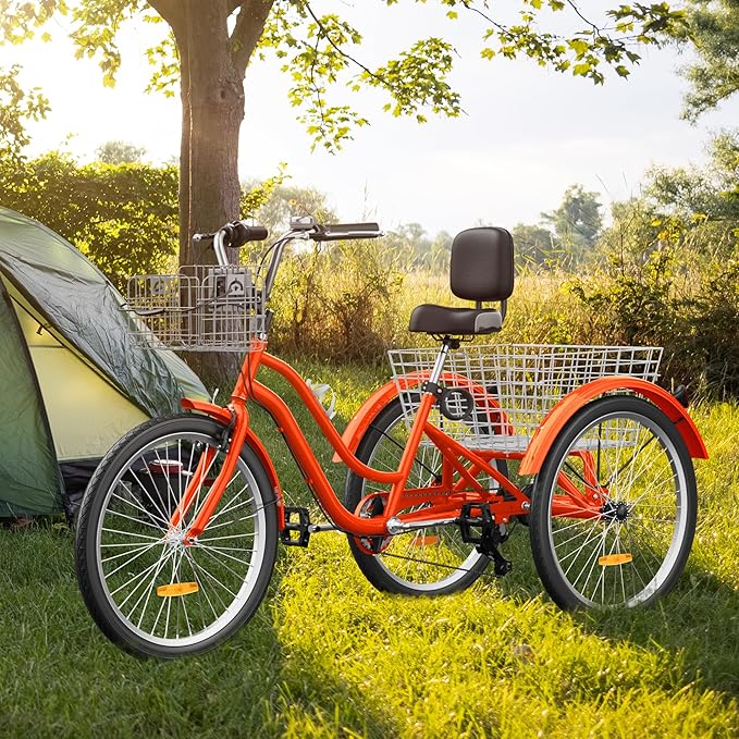 YITAHOME 24 & 26 Inch Adult Tricycle, 1 & 7 Speed 3 Wheel Bikes, Large Seat with Backrest Trike for Adults with Front & Rear Baskets, Cruiser Bike for Seniors Women Men Commute Picnic Outdoor
