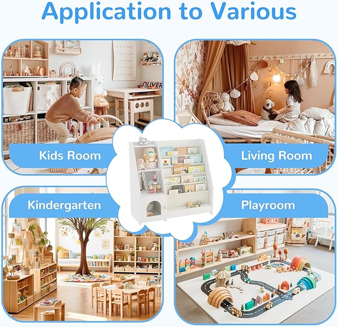 FKWin Kids Bookshelf, Kids Toy Storage Organizer, Baby Storage Book Rack, 4 Tier Kids Wooden Bookshelves, 5 Layer Sling Bookcase for Playroom, Bedroom, Living Room, Kids Room, Nursery, School(White)