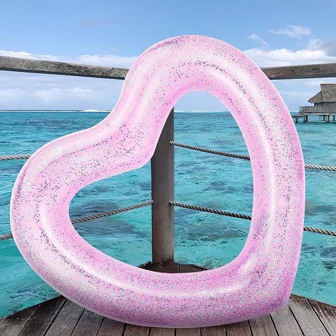 HeySplash Pool Floats, Adult Size Heart Inflatable Pool Floatie for Bachelorette Party, Swim Tube Rings, River Lake Beach Floaty, Wedding Bride Valentine Fun Toy Raft Lounge for Kids, Glitter Pink