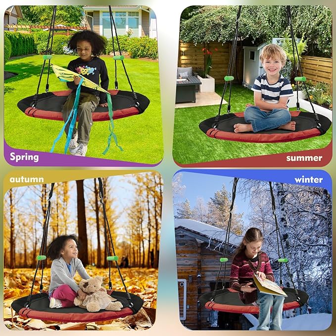 Black Round Saucer Swing with Handles -Made of Sturdy Frame,PP Mat,Adjustable Multi-Strand Ropes,Safe and Durable for Yard Garden Playground Park (Black and Red, 40 inches)