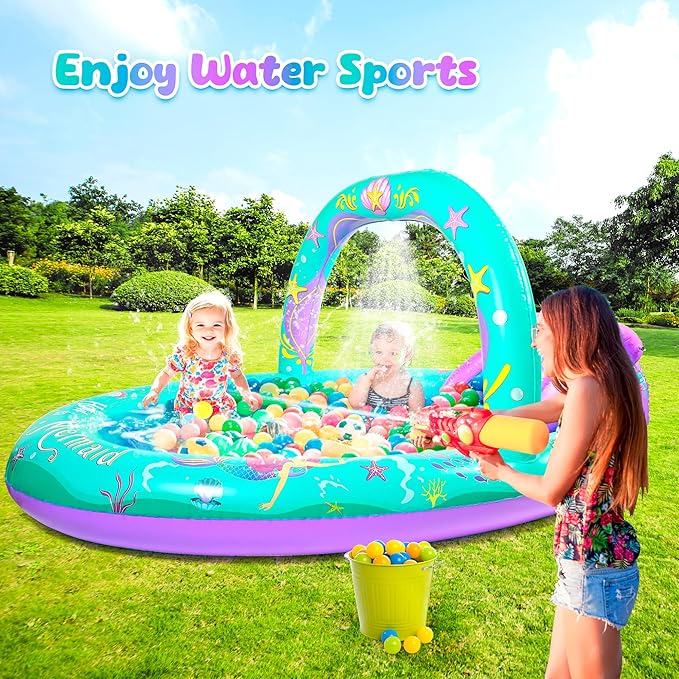 SULIFEEL Mermaid Inflatable Play Center Kiddie Pool with Slide and Sprinkler for Children, 96''x59''x39'' Baby Pool for Backyard and Garden, Free Inflatable Pump