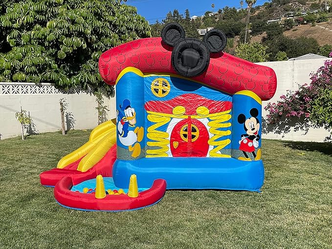 Funormous Disney Mickey Mouse Bounce House with Slide, Indoor Outdoor Inflatable Bouncy Castle Funhouse Ball Pit Plus Heavy Duty Air Blower