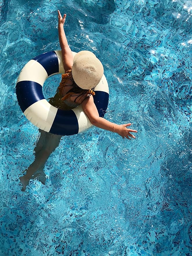 Petites-Pommes Pool Floats for Kids & Toddlers - Durable Inner Tube, Handprinted Classic Striped Design Water Tubes, Soft Comfort Seaming, Packable Floats for Travel, Dark Blue, 24 inch