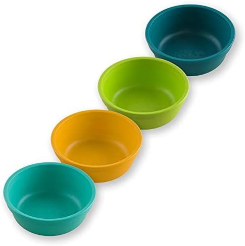 Re-Play 12 oz. Toddler Bowls Set of 4 - Kids Deep-Walled, Durable & Reusable Snack and Meal Bowls, Dishwasher & Microwave Safe, BPA-Free, Made in USA from Recycled Plastic, Aqua Asst
